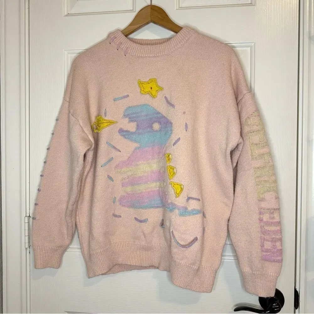 RARE Aelfric Eden Baby Pink Rainbow Dino Logo Stitched Sweater Sz S Indie Skater